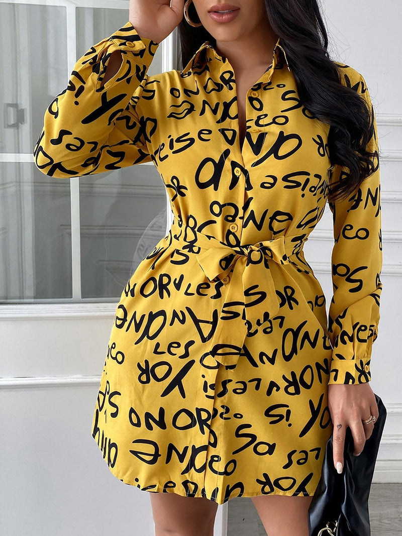 Women's Dresses Temperament Letter Print Lapel Shirt Dress - Mini Dresses - INS | Online Fashion Free Shipping Clothing, Dresses, Tops, Shoes - 20-30 - 30/08/2021 - Category_Mini Dresses