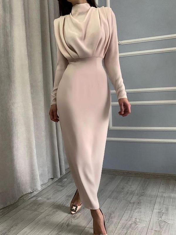 Women's Dresses Temperament Solid High Collar Pleated Long Sleeve Dress - Maxi Dresses - INS | Online Fashion Free Shipping Clothing, Dresses, Tops, Shoes - 13/10/2021 - 20-30 - color-apricot