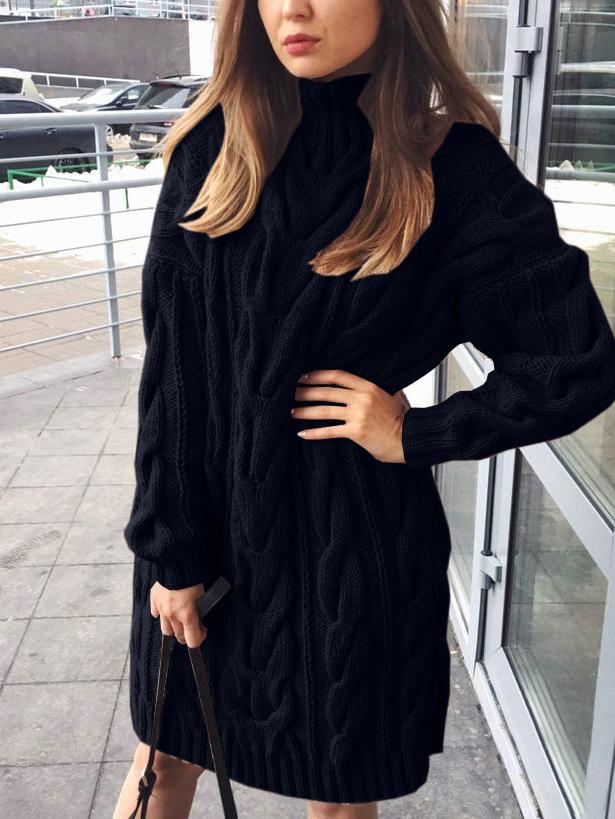 Women's Dresses Turtleneck Solid Twist Knit Long Sleeve Sweater Dress - Mini Dresses - INS | Online Fashion Free Shipping Clothing, Dresses, Tops, Shoes - 04/11/2021 - 30-40 - color-black