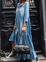 Women's Dresses V-Neck 3/4 Sleeve Washed Denim Dress - Maxi Dresses - INS | Online Fashion Free Shipping Clothing, Dresses, Tops, Shoes - 23/09/2021 - 40-50 - Casual Dresses