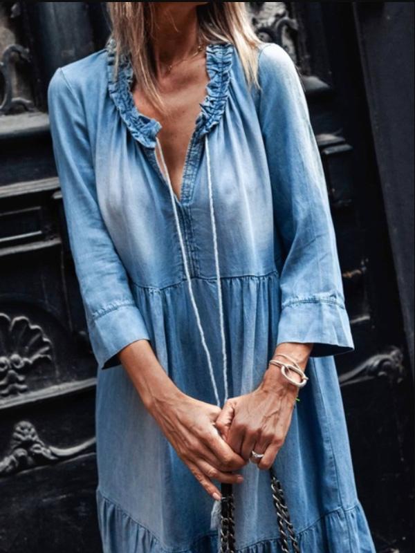 Women's Dresses V-Neck 3/4 Sleeve Washed Denim Dress - Maxi Dresses - INS | Online Fashion Free Shipping Clothing, Dresses, Tops, Shoes - 23/09/2021 - 40-50 - Casual Dresses