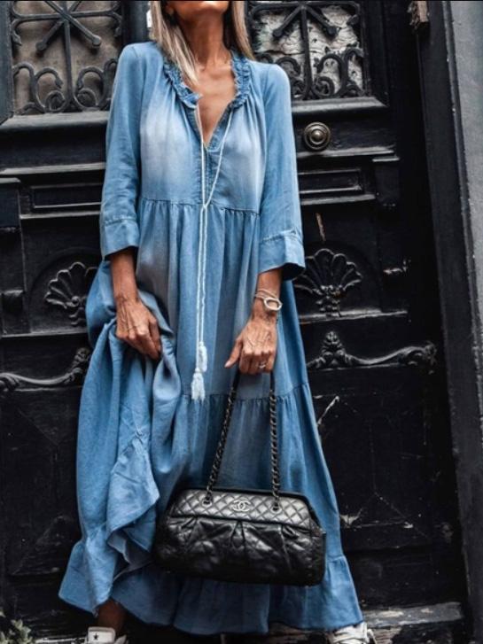 Women's Dresses V-Neck 3/4 Sleeve Washed Denim Dress - Maxi Dresses - INS | Online Fashion Free Shipping Clothing, Dresses, Tops, Shoes - 23/09/2021 - 40-50 - Casual Dresses