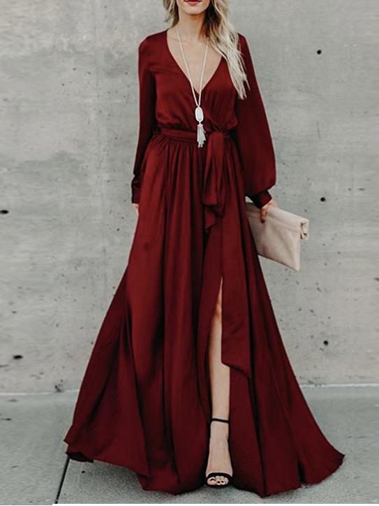 Women's Dresses V-Neck Belted Lantern Sleeve Slit Dress - Maxi Dresses - INS | Online Fashion Free Shipping Clothing, Dresses, Tops, Shoes - 25/10/2021 - 30-40 - color-green