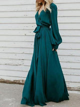 Women's Dresses V-Neck Belted Lantern Sleeve Slit Dress - Maxi Dresses - INS | Online Fashion Free Shipping Clothing, Dresses, Tops, Shoes - 25/10/2021 - 30-40 - color-green