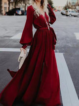 Women's Dresses V-Neck Belted Lantern Sleeve Slit Dress - Maxi Dresses - INS | Online Fashion Free Shipping Clothing, Dresses, Tops, Shoes - 25/10/2021 - 30-40 - color-green