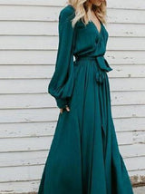 Women's Dresses V-Neck Belted Lantern Sleeve Slit Dress - Maxi Dresses - INS | Online Fashion Free Shipping Clothing, Dresses, Tops, Shoes - 25/10/2021 - 30-40 - color-green