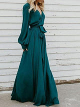 Women's Dresses V-Neck Belted Lantern Sleeve Slit Dress - Maxi Dresses - INS | Online Fashion Free Shipping Clothing, Dresses, Tops, Shoes - 25/10/2021 - 30-40 - color-green