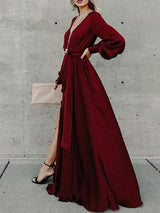 Women's Dresses V-Neck Belted Lantern Sleeve Slit Dress - Maxi Dresses - INS | Online Fashion Free Shipping Clothing, Dresses, Tops, Shoes - 25/10/2021 - 30-40 - color-green