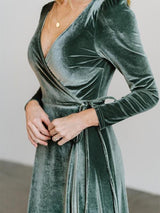 Women's Dresses V-Neck Belted Velvet Split Long Sleeve Dress - Maxi Dresses - Instastyled | Online Fashion Free Shipping Clothing, Dresses, Tops, Shoes - 07/12/2021 - 40-50 - color-blue