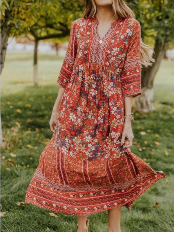 Women's Dresses V-Neck Bohemian Mid-Sleeve Floral Dress - Maxi Dresses - INS | Online Fashion Free Shipping Clothing, Dresses, Tops, Shoes - 10/09/2021 - 20-30 - Category_Maxi Dresses