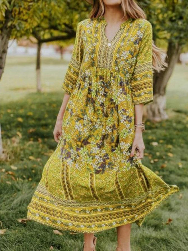 Women's Dresses V-Neck Bohemian Mid-Sleeve Floral Dress - Maxi Dresses - INS | Online Fashion Free Shipping Clothing, Dresses, Tops, Shoes - 10/09/2021 - 20-30 - Category_Maxi Dresses