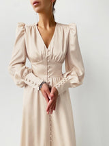 Women's Dresses V-Neck Button Lantern Long Sleeve Dress - Maxi Dresses - Instastyled | Online Fashion Free Shipping Clothing, Dresses, Tops, Shoes - 06/12/2021 - 40-50 - color-beige