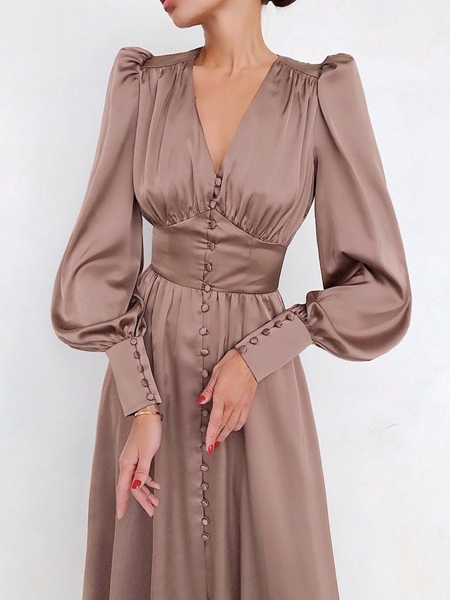 Women's Dresses V-Neck Button Lantern Long Sleeve Dress - Maxi Dresses - Instastyled | Online Fashion Free Shipping Clothing, Dresses, Tops, Shoes - 06/12/2021 - 40-50 - color-beige