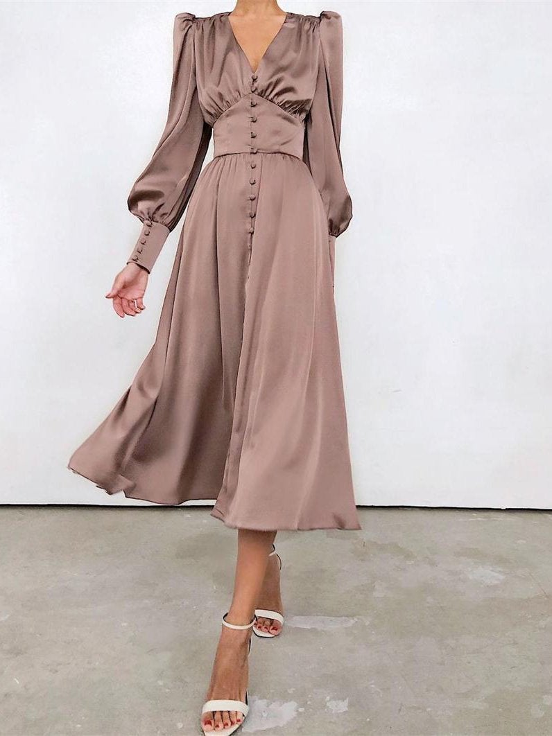 Women's Dresses V-Neck Button Lantern Long Sleeve Dress - Maxi Dresses - Instastyled | Online Fashion Free Shipping Clothing, Dresses, Tops, Shoes - 06/12/2021 - 40-50 - color-beige