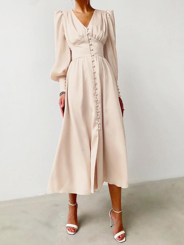 Women's Dresses V-Neck Button Lantern Long Sleeve Dress - Maxi Dresses - Instastyled | Online Fashion Free Shipping Clothing, Dresses, Tops, Shoes - 06/12/2021 - 40-50 - color-beige