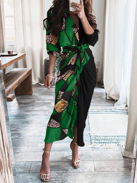 Women's Dresses V-Neck Button Print Long Sleeve Dress - Maxi Dresses - INS | Online Fashion Free Shipping Clothing, Dresses, Tops, Shoes - 03/11/2021 - 30-40 - color-green