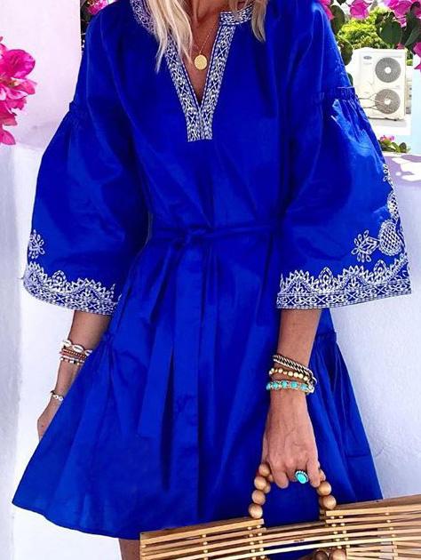 Women's Dresses V-Neck Embroidered Bohemian Mini Dress - Mini Dresses - INS | Online Fashion Free Shipping Clothing, Dresses, Tops, Shoes - 24/09/2021 - 30-40 - color-blue