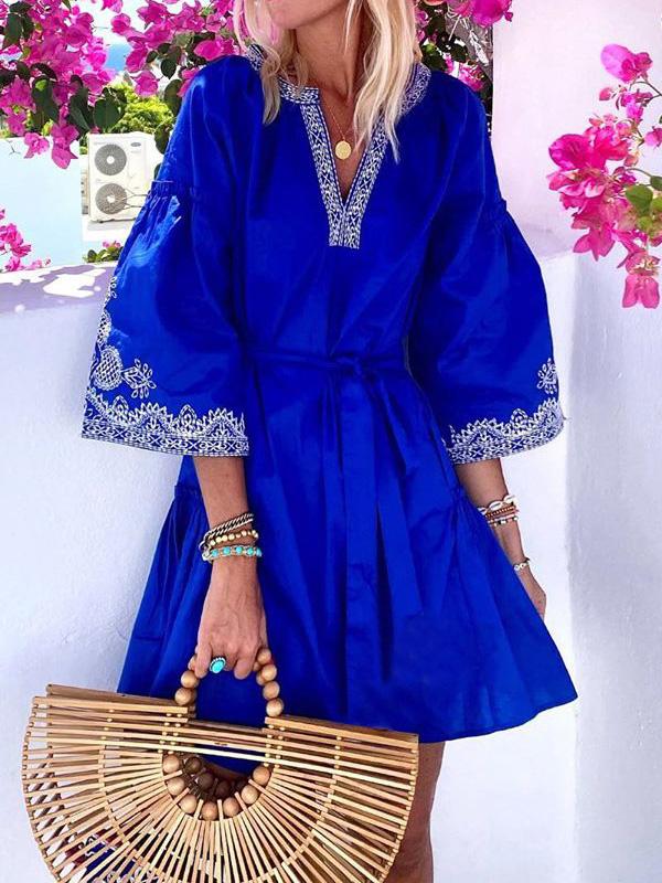 Women's Dresses V-Neck Embroidered Bohemian Mini Dress - Mini Dresses - INS | Online Fashion Free Shipping Clothing, Dresses, Tops, Shoes - 24/09/2021 - 30-40 - color-blue