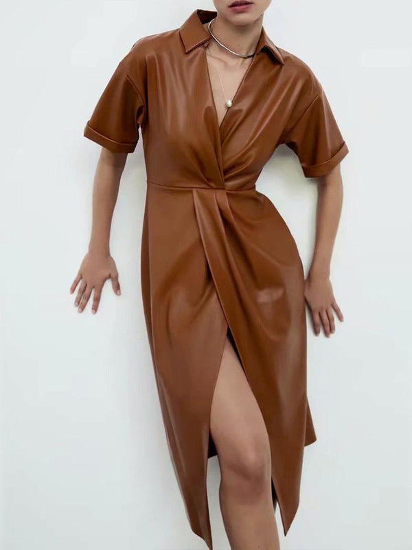 Women's Dresses V-Neck Faux Leather Split Midi Dress - Midi Dresses - INS | Online Fashion Free Shipping Clothing, Dresses, Tops, Shoes - 30/11/2021 - color-brown - Color_Brown