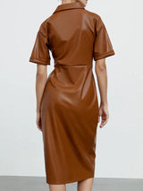 Women's Dresses V-Neck Faux Leather Split Midi Dress - Midi Dresses - INS | Online Fashion Free Shipping Clothing, Dresses, Tops, Shoes - 30/11/2021 - color-brown - Color_Brown