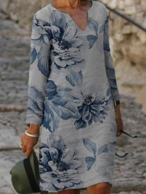 Women's Dresses V-Neck Floral Print Casual Long Sleeve Dress - Midi Dresses - INS | Online Fashion Free Shipping Clothing, Dresses, Tops, Shoes - 10/09/2021 - 20-30 - Category_Midi Dresses