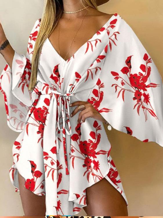 Women's Dresses V-Neck Irregular Bat Sleeve Lace-Up Print Dress - Mini Dresses - INS | Online Fashion Free Shipping Clothing, Dresses, Tops, Shoes - 09/08/2021 - 20-30 - Category_Mini Dresses