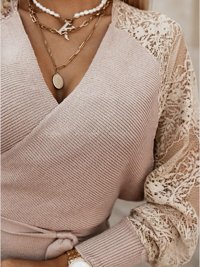 Women's Dresses V-Neck Knitted Lace Long Sleeve Dress - Midi Dresses - INS | Online Fashion Free Shipping Clothing, Dresses, Tops, Shoes - 24/08/2021 - 30-40 - Category_Midi Dresses