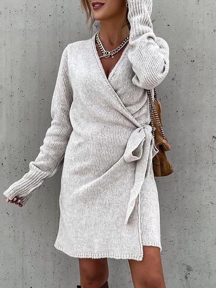 Women's Dresses V-Neck Knitted Slim Belt Long Sleeve Dress - Mini Dresses - INS | Online Fashion Free Shipping Clothing, Dresses, Tops, Shoes - 28/10/2021 - 30-40 - color-gray