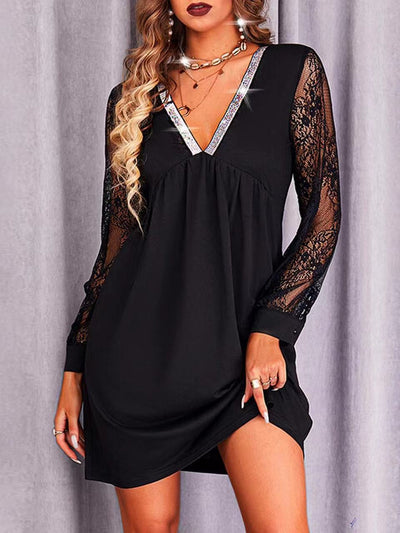 Women's Dresses V-Neck Lace Stitching Long Sleeve Dress - Mini Dresses - Instastyled | Online Fashion Free Shipping Clothing, Dresses, Tops, Shoes - 20-30 - 25/12/2021 - Casual Dresses