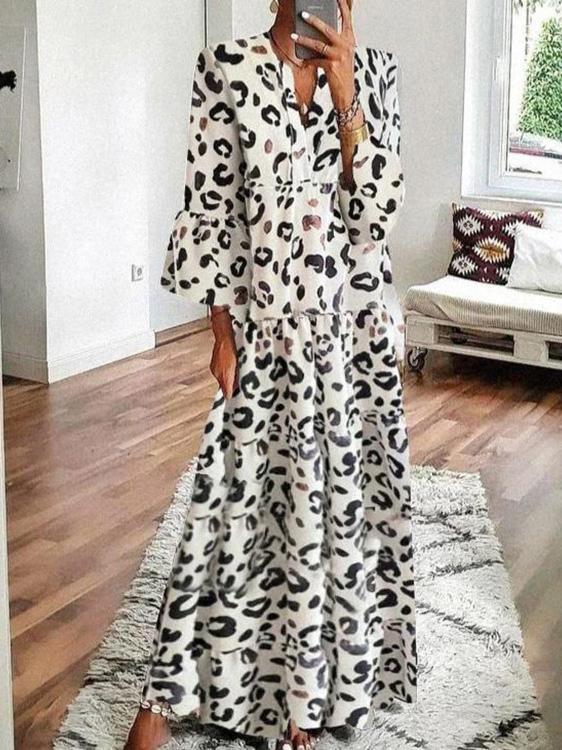 Women's Dresses V-Neck Leopard Print Boho Long Sleeve Dress - Maxi Dresses - INS | Online Fashion Free Shipping Clothing, Dresses, Tops, Shoes - 15/09/2021 - 20-30 - Category_Maxi Dresses