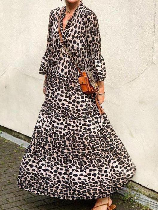 Women's Dresses V-Neck Leopard Print Boho Long Sleeve Dress - Maxi Dresses - INS | Online Fashion Free Shipping Clothing, Dresses, Tops, Shoes - 15/09/2021 - 20-30 - Category_Maxi Dresses