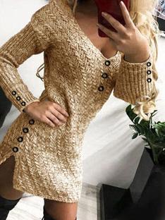 Women's Dresses V-Neck Long Sleeve Buttoned Knit Dress - Mini Dresses - INS | Online Fashion Free Shipping Clothing, Dresses, Tops, Shoes - 20/10/2021 - 30-40 - color-black