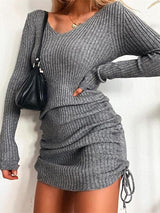 Women's Dresses V-Neck Long Sleeve Drawstring Knit Dress - Mini Dresses - INS | Online Fashion Free Shipping Clothing, Dresses, Tops, Shoes - 19/10/2021 - color-black - color-blue