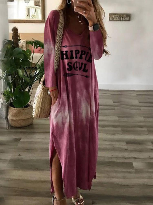 Women's Dresses V-Neck Long Sleeve Letter Print Split Dress - Maxi Dresses - INS | Online Fashion Free Shipping Clothing, Dresses, Tops, Shoes - 20-30 - 24/09/2021 - Casual Dresses