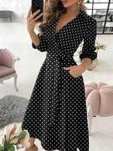 Women's Dresses V-Neck Long Sleeve Pocket Print Dress - Midi Dresses - INS | Online Fashion Free Shipping Clothing, Dresses, Tops, Shoes - 20-30 - 29/09/2021 - color-black