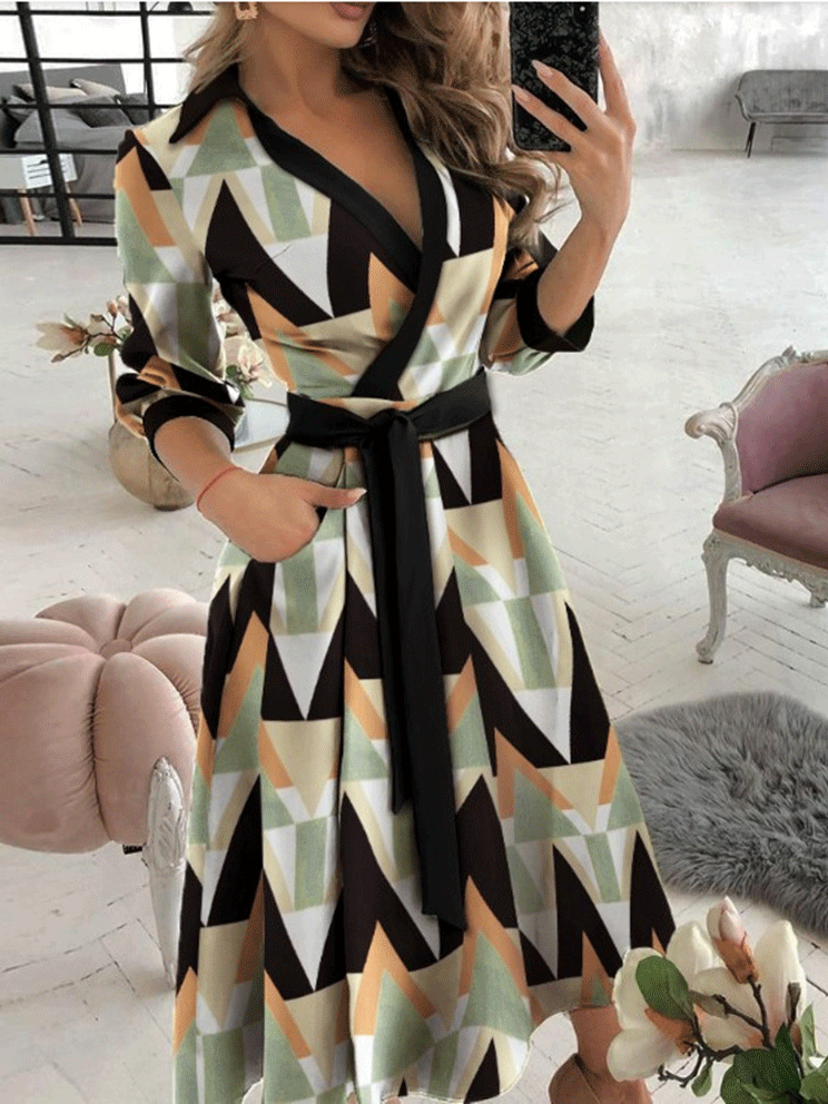 Women's Dresses V-Neck Long Sleeve Pocket Print Dress - Midi Dresses - INS | Online Fashion Free Shipping Clothing, Dresses, Tops, Shoes - 20-30 - 29/09/2021 - color-black