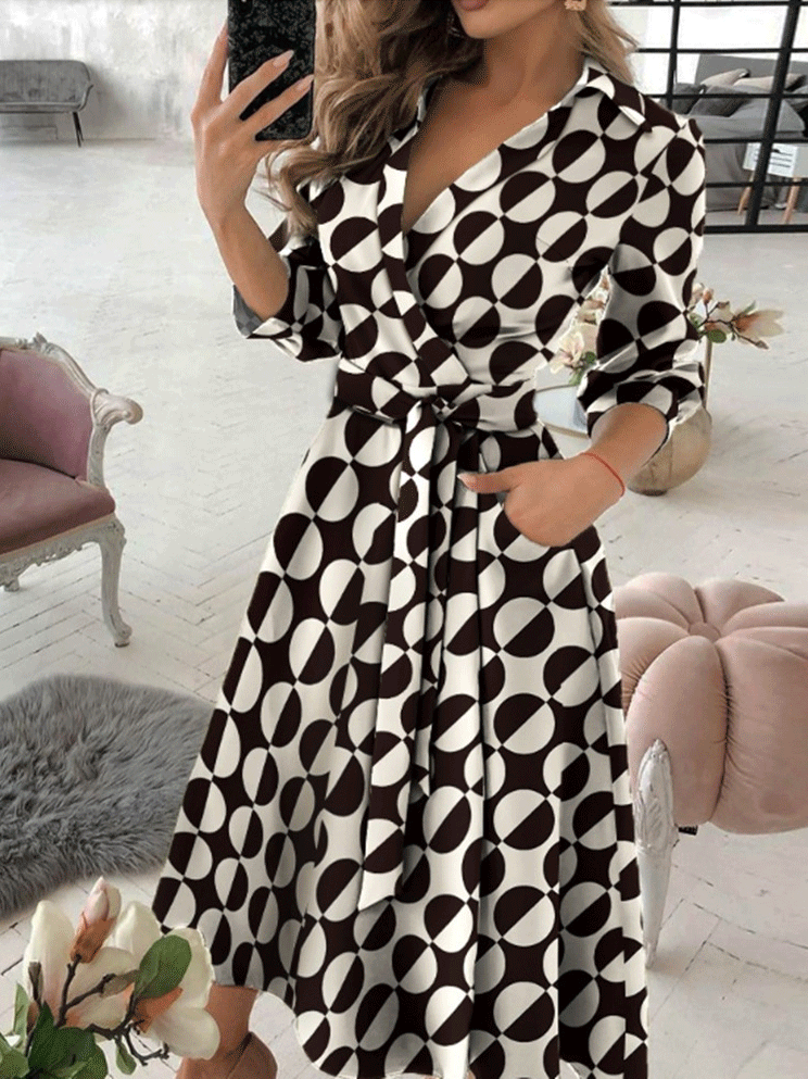 Women's Dresses V-Neck Long Sleeve Pocket Print Dress - Midi Dresses - INS | Online Fashion Free Shipping Clothing, Dresses, Tops, Shoes - 20-30 - 29/09/2021 - color-black