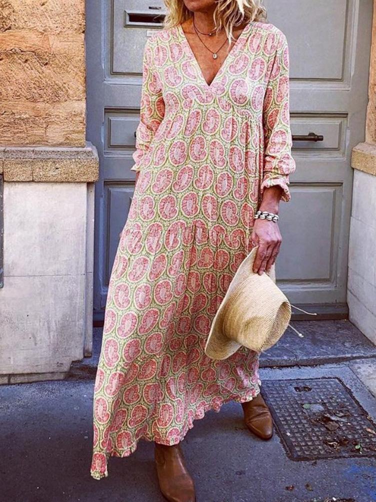 Women's Dresses V-Neck Long Sleeve Printed Loose Dress - Maxi Dresses - INS | Online Fashion Free Shipping Clothing, Dresses, Tops, Shoes - 20-30 - 22/09/2021 - color-blue