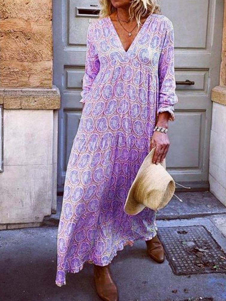 Women's Dresses V-Neck Long Sleeve Printed Loose Dress - Maxi Dresses - INS | Online Fashion Free Shipping Clothing, Dresses, Tops, Shoes - 20-30 - 22/09/2021 - color-blue