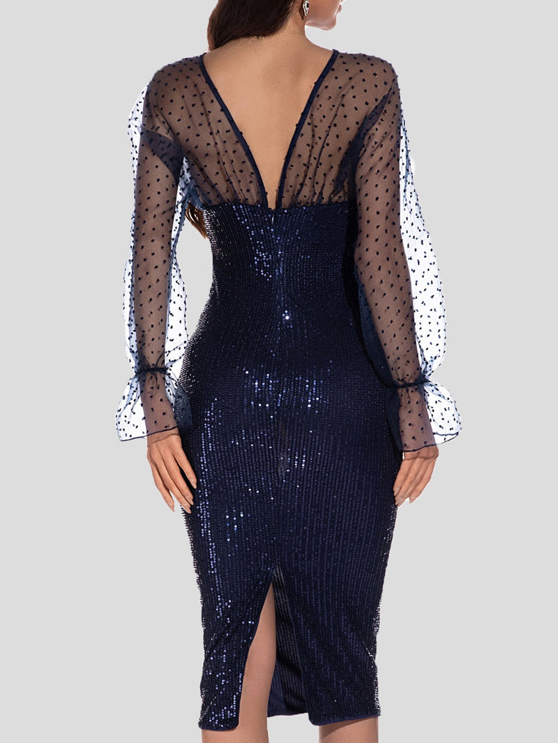 Women's Dresses V-Neck Mesh Long Sleeve Sequined Split Dress - Midi Dresses - Instastyled | Online Fashion Free Shipping Clothing, Dresses, Tops, Shoes - 28/12/2021 - Bodycon Dresses - color-blue