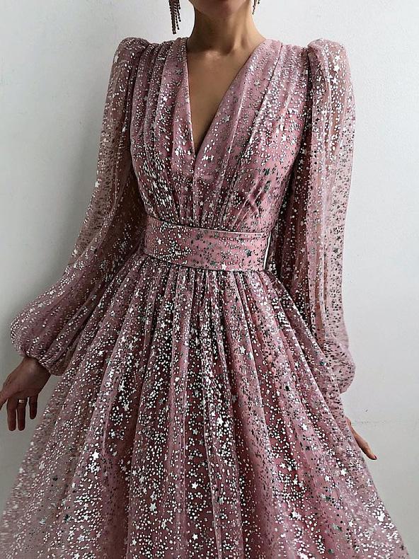 Women's Dresses V-Neck Mesh Sequined Long Sleeve Dress - Maxi Dresses - INS | Online Fashion Free Shipping Clothing, Dresses, Tops, Shoes - 29/11/2021 - 40-50 - color-blue