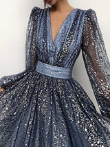 Women's Dresses V-Neck Mesh Sequined Long Sleeve Dress - Maxi Dresses - INS | Online Fashion Free Shipping Clothing, Dresses, Tops, Shoes - 29/11/2021 - 40-50 - color-blue