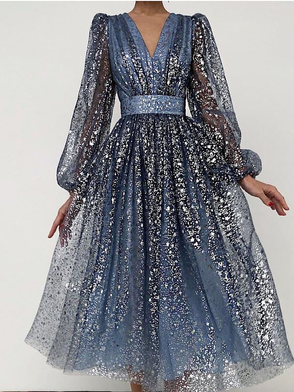 Women's Dresses V-Neck Mesh Sequined Long Sleeve Dress - Maxi Dresses - INS | Online Fashion Free Shipping Clothing, Dresses, Tops, Shoes - 29/11/2021 - 40-50 - color-blue