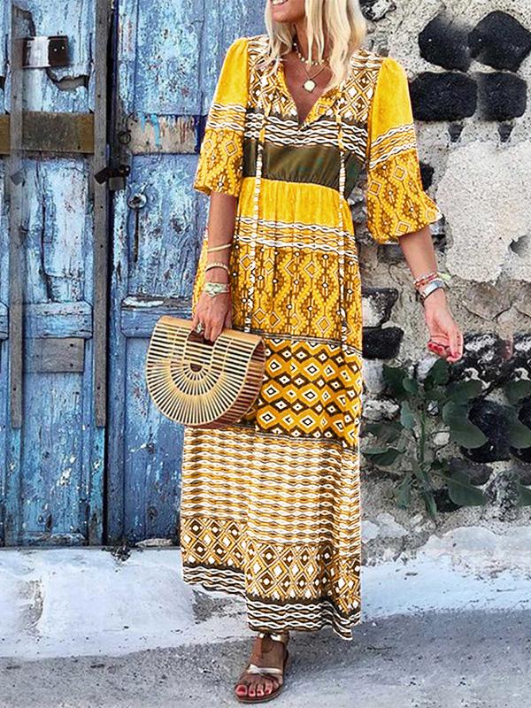 Women's Dresses V-Neck Mid-Sleeve Bohemian Print Dress - Maxi Dresses - INS | Online Fashion Free Shipping Clothing, Dresses, Tops, Shoes - 10/09/2021 - 30-40 - Category_Maxi Dresses