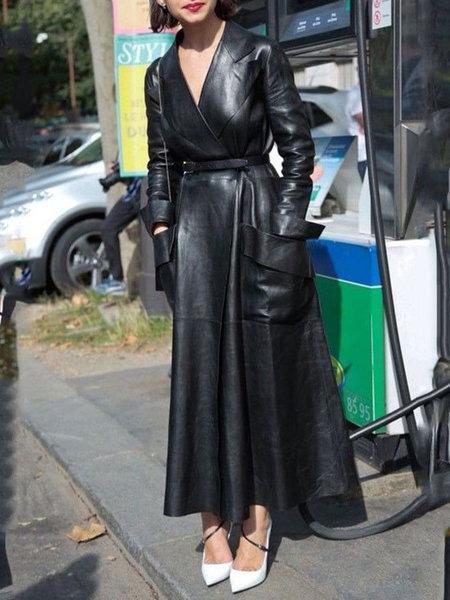 Women's Dresses V-Neck Pocket Belt Long Sleeve Leather Dress - Maxi Dresses - INS | Online Fashion Free Shipping Clothing, Dresses, Tops, Shoes - 30/11/2021 - color-black - Color_Black