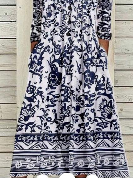 Women's Dresses V-Neck Printed 3/4 Sleeve Casual Dress - Midi Dresses - INS | Online Fashion Free Shipping Clothing, Dresses, Tops, Shoes - 27/10/2021 - 30-40 - color-blue