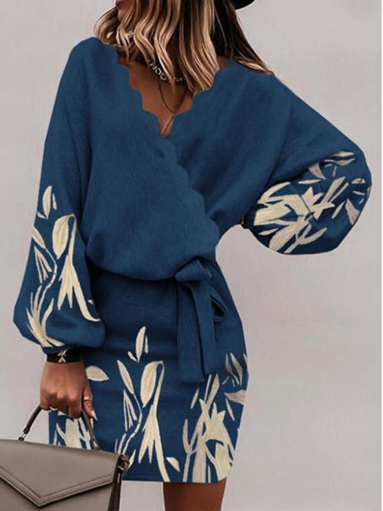 Women's Dresses V-Neck Printed Bat Long Sleeve Belted Dress - Mini Dresses - INS | Online Fashion Free Shipping Clothing, Dresses, Tops, Shoes - 04/11/2021 - 30-40 - color-blue