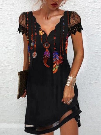 Women's Dresses V-Neck Printed Feather Lace Short Sleeve Dress - Mini Dresses - Instastyled | Online Fashion Free Shipping Clothing, Dresses, Tops, Shoes - 29/12/2021 - 30-40 - color-black