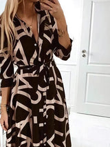 Women's Dresses V-Neck Printed Long Sleeve Lace-Up Dress - Midi Dresses - INS | Online Fashion Free Shipping Clothing, Dresses, Tops, Shoes - 20-30 - 30/08/2021 - Category_Midi Dresses