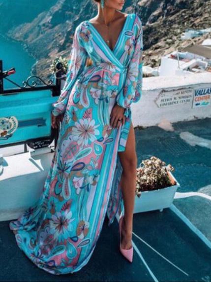 Women's Dresses V-Neck Printed Long Sleeve Split Dress - Maxi Dresses - INS | Online Fashion Free Shipping Clothing, Dresses, Tops, Shoes - 11/11/2021 - 40-50 - color-blue